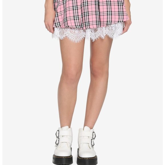 Hot Topic Large Pink Plaid Strawberry Lace Trim Skirt - Picture 2 of 8